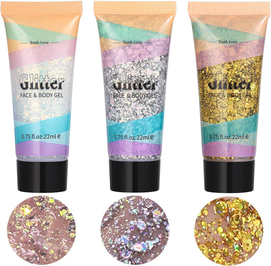 3 Pieces Body Glitter Gel Chunky Body Lotion Glitter Liquid Eyeshadow Mermaid Sparkly Sequins for Face Hair Lips Nails Make Up Festival Accessories Glitter Gold Silver White