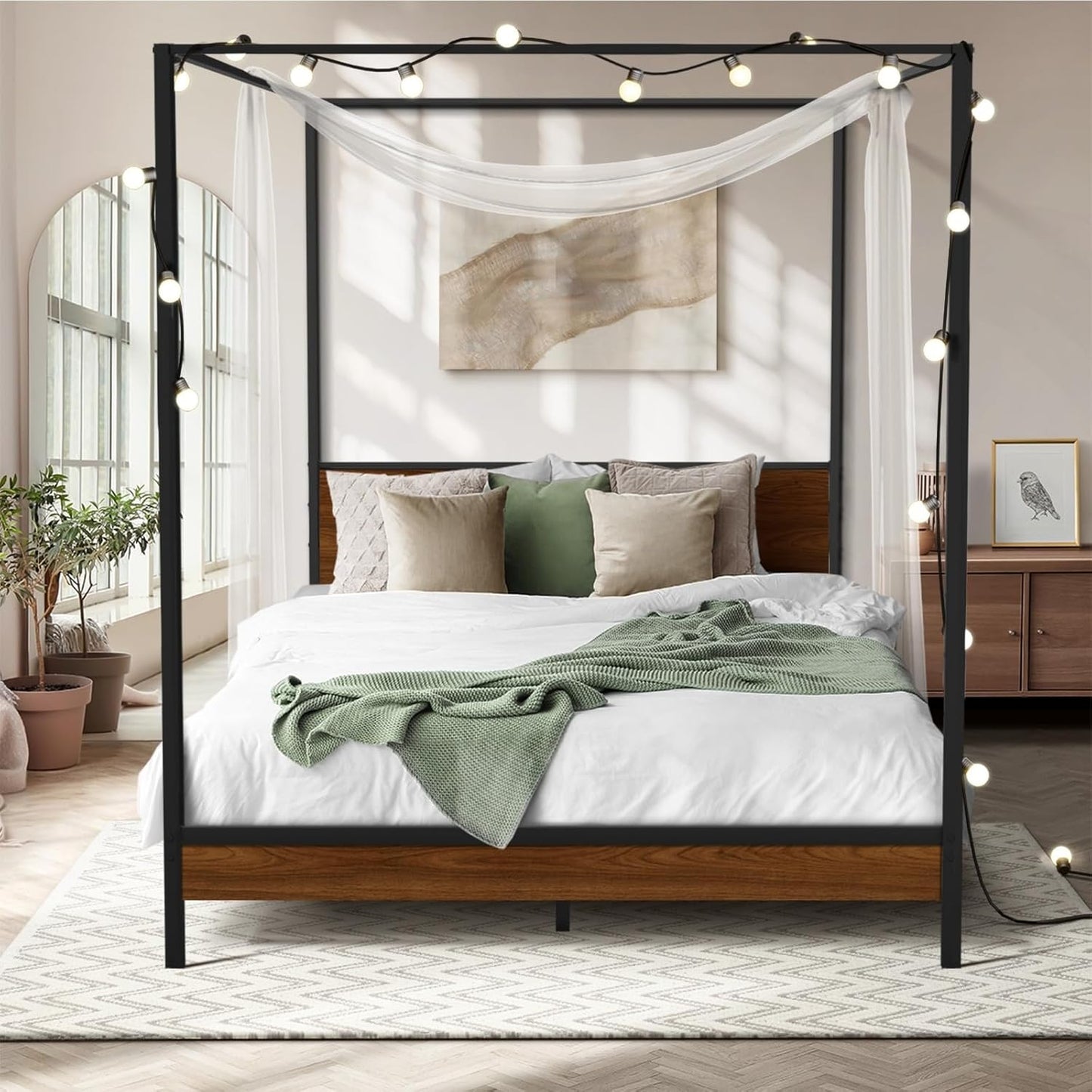 Oikiture Bed Frame Queen with Canopy Metal Bed Storage Base Black