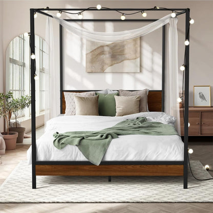 Oikiture Bed Frame Queen with Canopy Metal Bed Storage Base Black