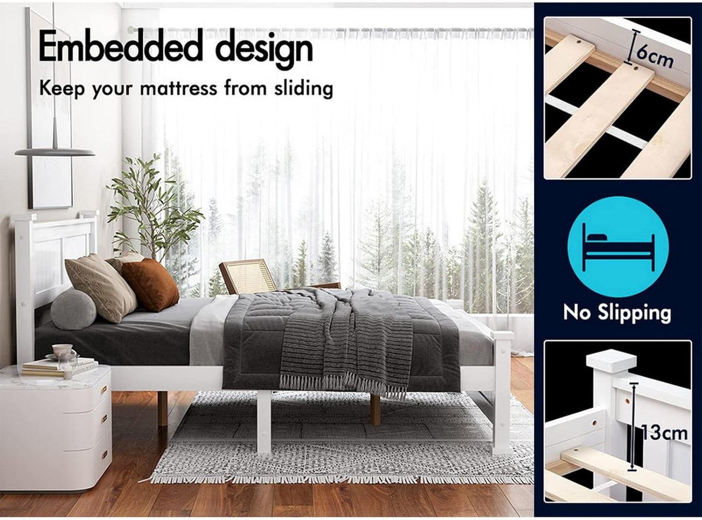 ALFORDSON Double Bed Frame Wooden Bed Base with Solid Wood Pine Timber Slats, Mattress Base Platform with Storage Space, White Bed Foundation with High Headboard, Arne Series Bedroom Furniture