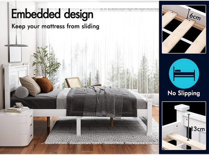 ALFORDSON Double Bed Frame Wooden Bed Base with Solid Wood Pine Timber Slats, Mattress Base Platform with Storage Space, White Bed Foundation with High Headboard, Arne Series Bedroom Furniture