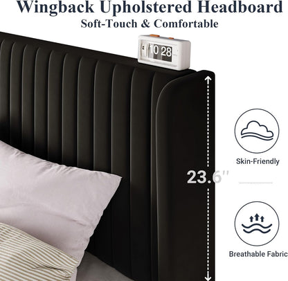 Allewie Queen Size Velvet Bed Frame/Vertical Channel Tufted Wingback Headboard/Upholstered Platform Bed/Strong Wooden Slats/No Box Spring Needed/Easy Assembly/Black