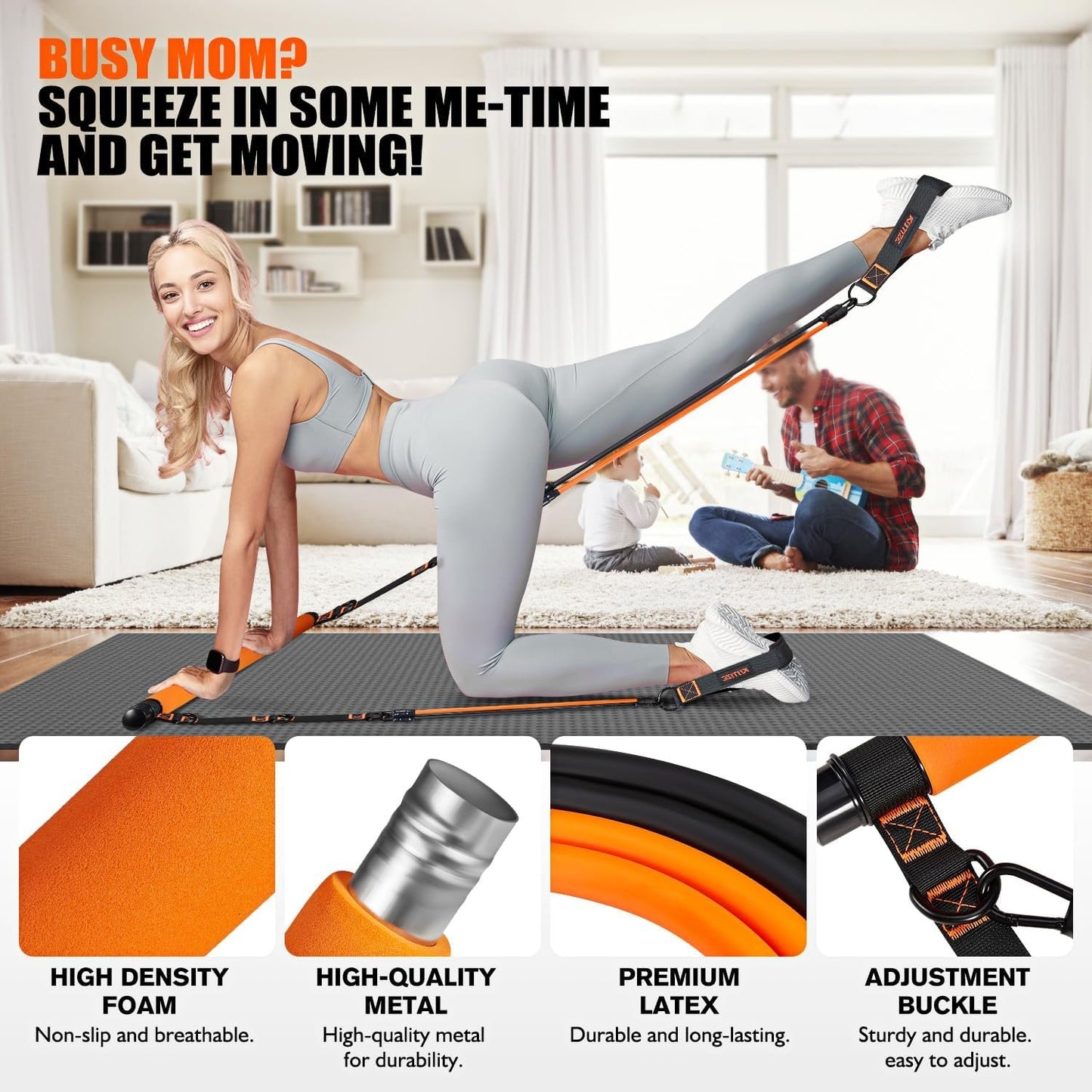 Pilates Bar Kit with Resistance Bands, Portable Pilates Equipment for Legs, Hip, Waist, Arm, Squats Exercise Equipment for Home Gym Workouts, Adjustable Pilates Bar Set for Full Body Workouts