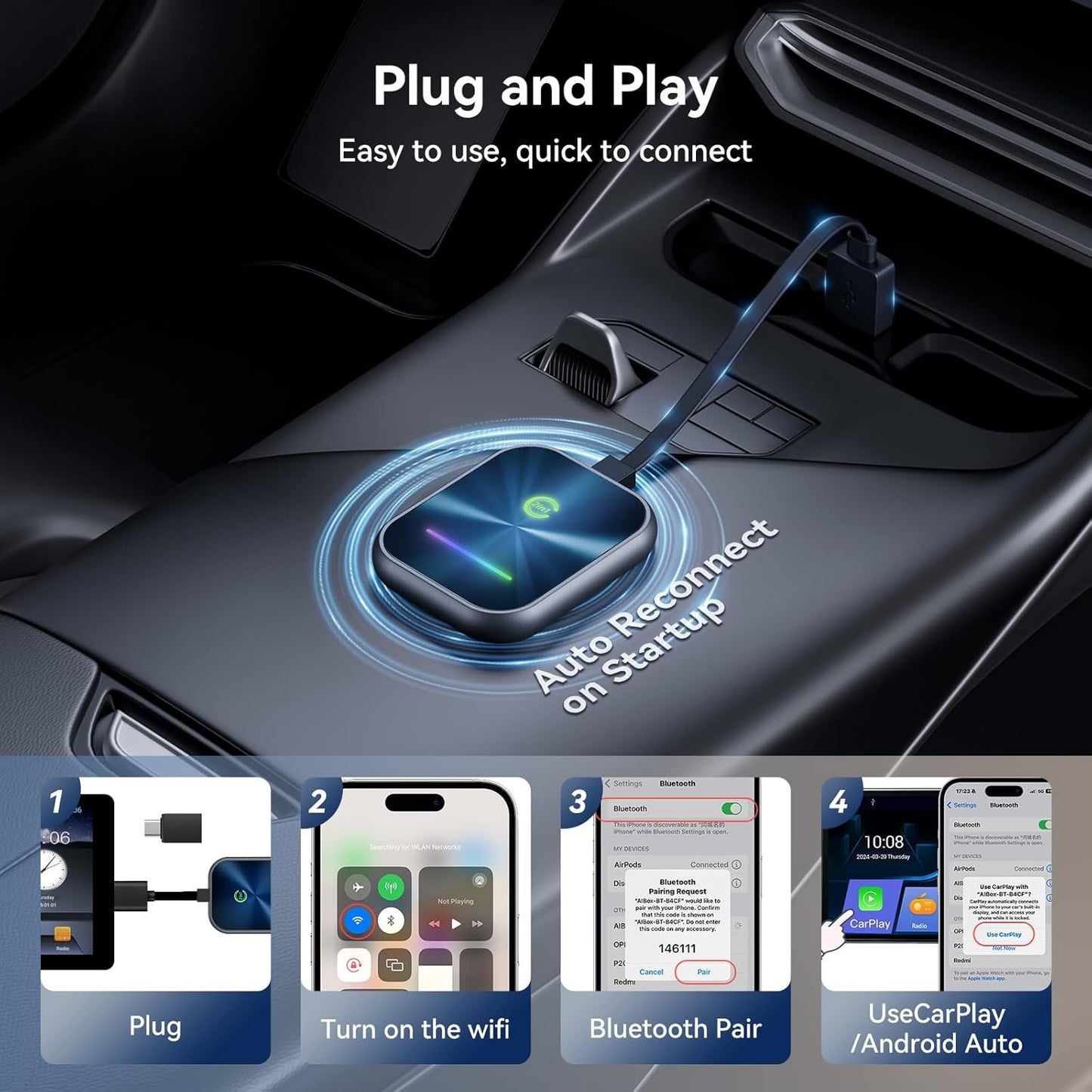 Wireless CarPlay Adapter for iPhone and Android,Converts Wired to Wireless CarPlay Adapter,Plug and Play,Stable Car Control Low Latency for Cars with Built-in Carplay