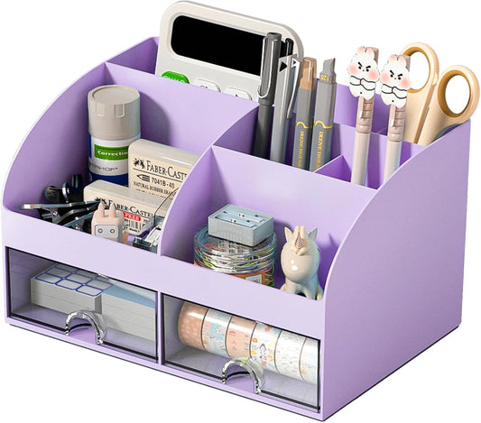 COMFYROOM Desk Organizer and Accessories with 6 Compartments and 2 Drawers, Plastic Makeup Organizer, Pen Holder for Desktop Storage, Desk Organization for School, Home, Office Supplies (Purple)