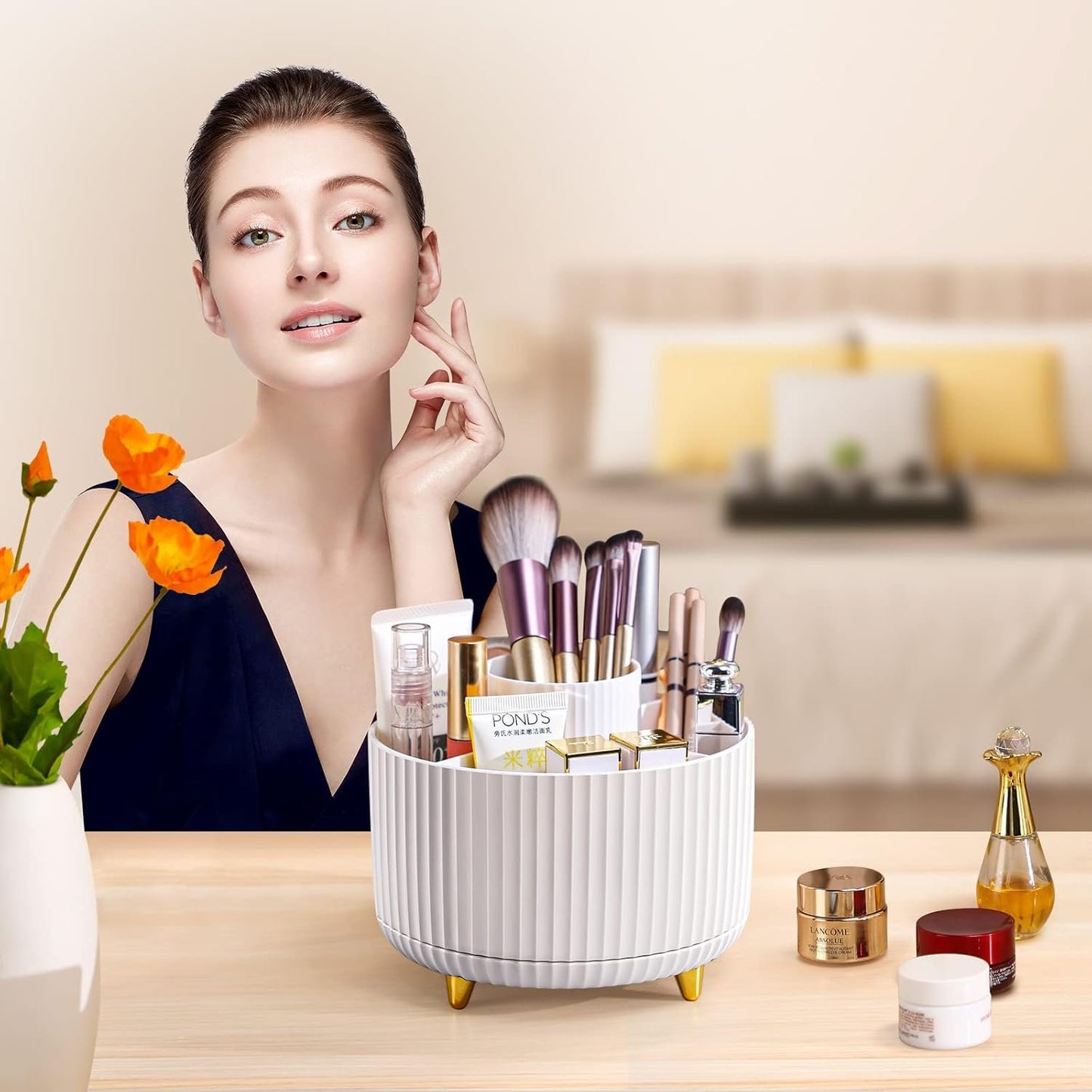 funest Makeup Brush Holder Organizer,360° Rotating Pencil Pen Holder Cup,Desk Accessories,5 Slot Make up Brushes Cup,for Storage Stand for Cosmetics Painting Pen Eyeliner or on The Vanity