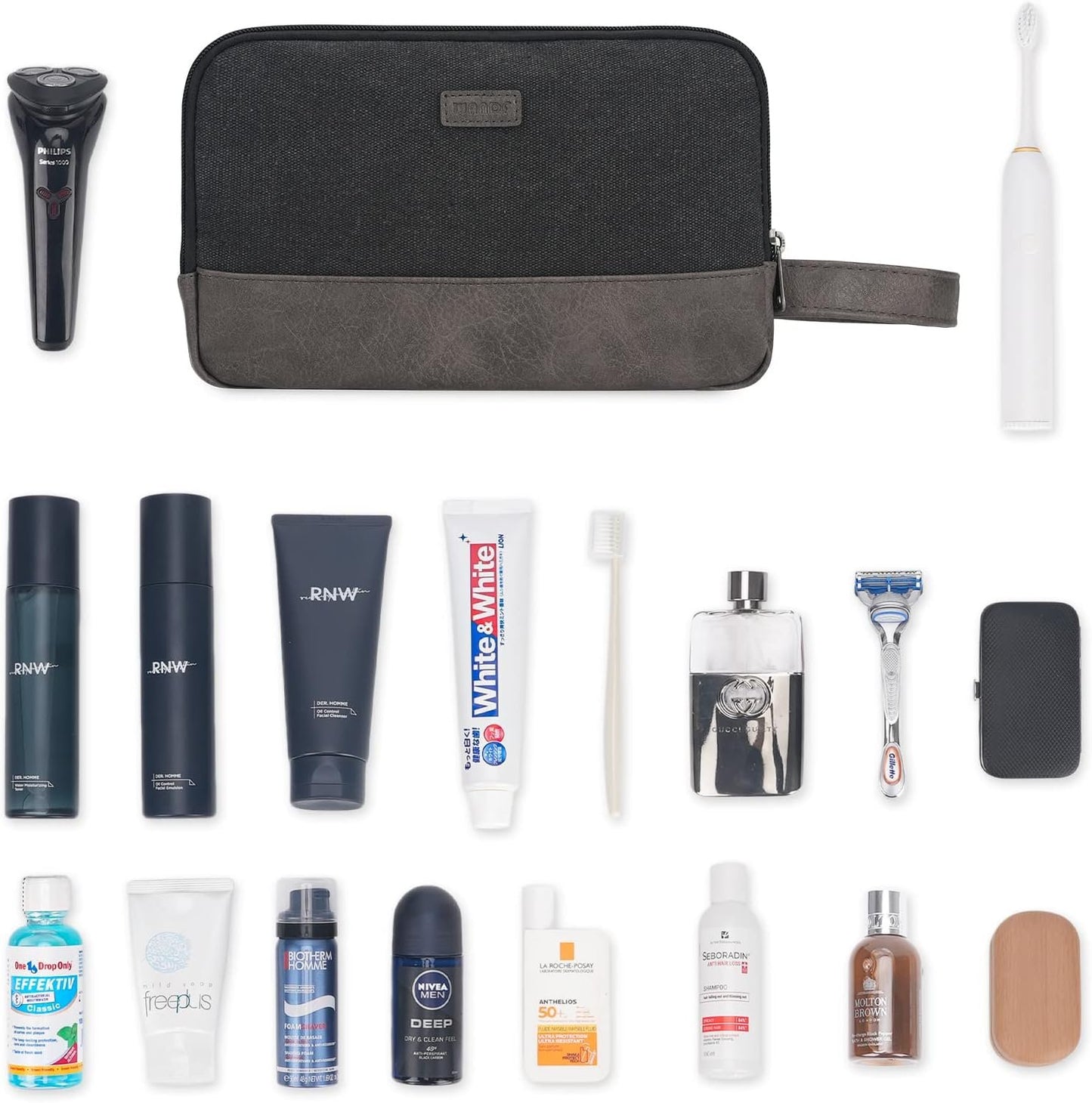 WANDF Travel Toiletry Bag for Men Hanging Dopp Kit Canvas Toiletry Organizer Water-Resistant Vegan Leather Shaving Bag with Wet Pocket