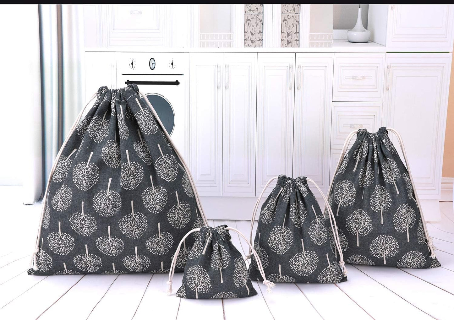 Amoyie Set of 4 Bags Organizer with Drawstring, Canvas Bag for Clothes Toys Travel Accessories (4 Different Sizes) - Grey Tree