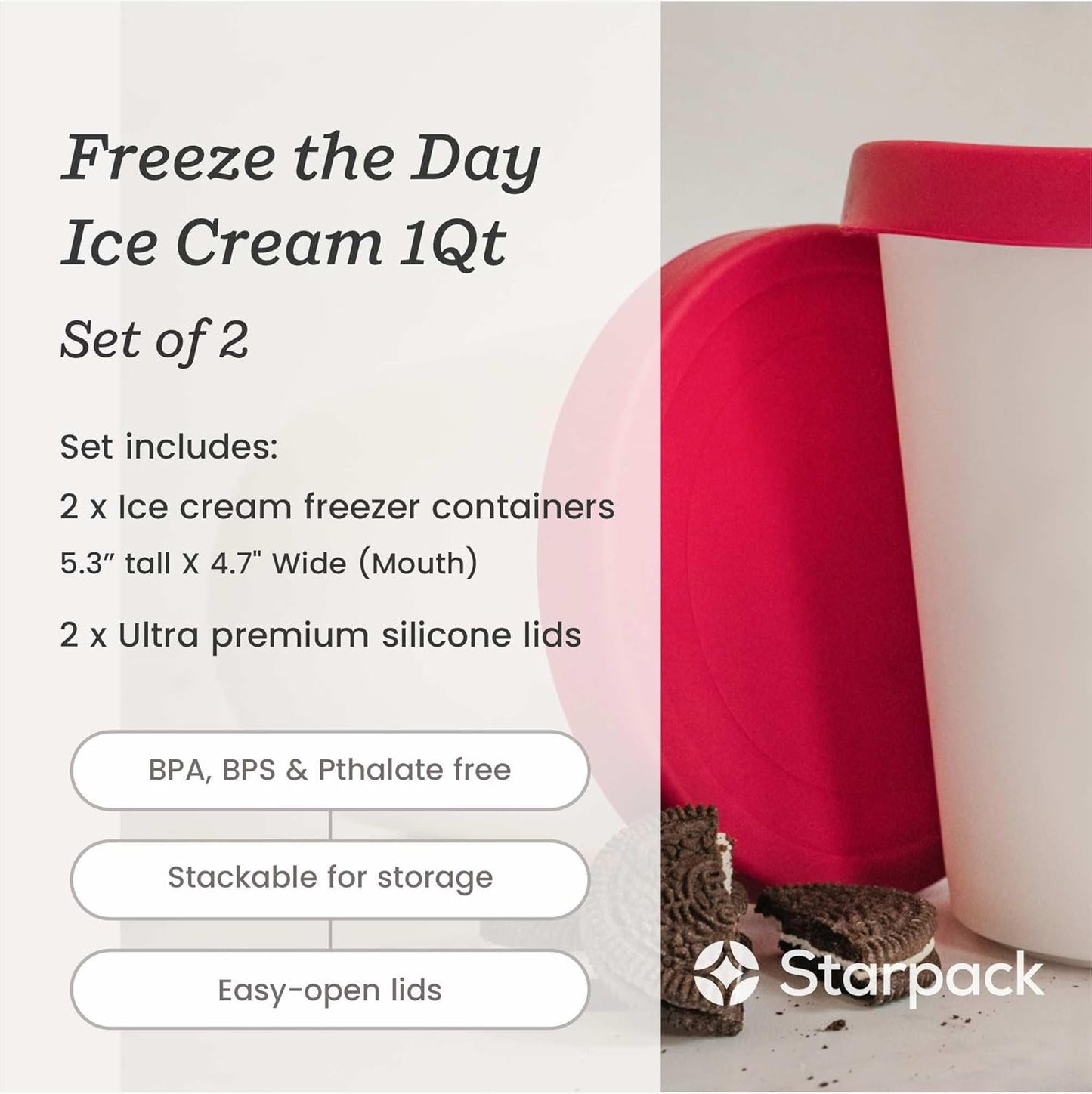 StarPack Home Ice Cream Freezer Storage Containers Set of 2 with Silicone Lids