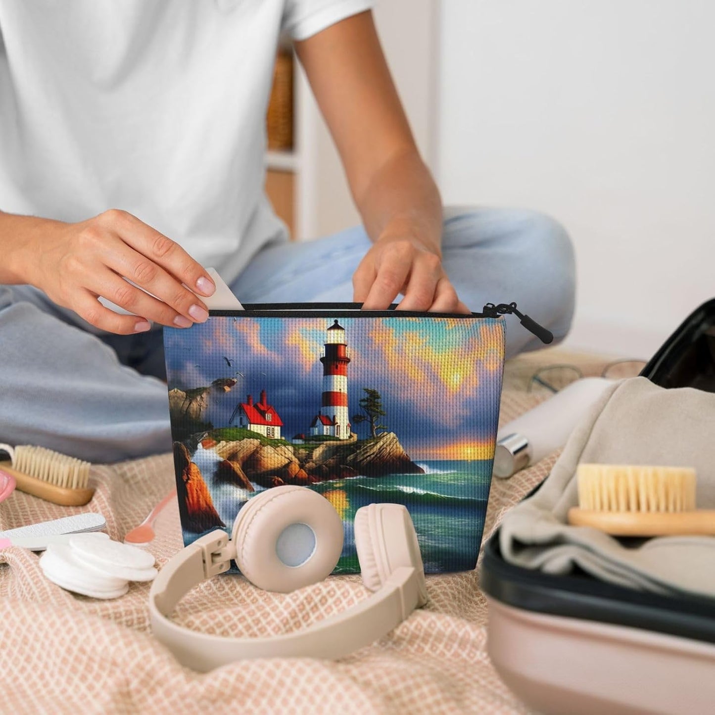 Lighthouse Diamond Painting Versatile Travel Makeup Bag Travel Pouch con cerniera Accessori Organizer, Nero , Taglia unica, Beauty case
