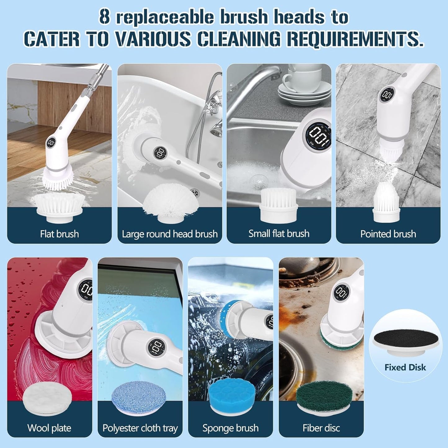 Electric Spin Scrubber, 9 in 1 Electric Cleaning Brush, Electric Cleaning Brush with Extendable Arm,Large Power with 3 Adjustable Speeds, Shower Cleaner Brush for Bathroom, Tub, Toilet, Kitchen (Grey)
