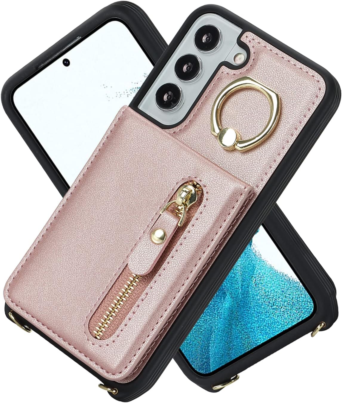 Cavor Vertical Flip Cover for Samsung Galaxy S22 Leather Case 6.1'' Crossbody Wallet Card Slots with 360°Rotation Ring Holder Kickstand & Long Shoulder Lanyard Strap-Rose