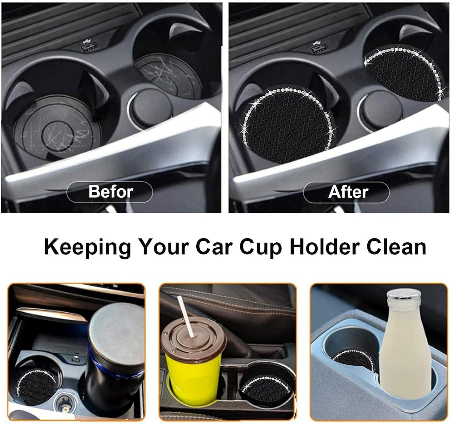 2PCS Bling Car Cup Coaster, 2.75 Inch Auto Cup Holder Insert Coasters Silicone Anti-Slip Crystal Rhinestone Drink Mat, Universal Vehicle Interior Accessories for Women Girls (Black)