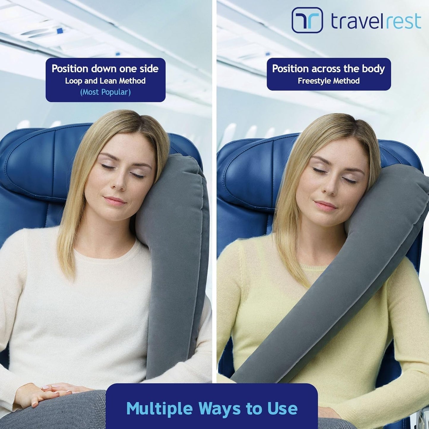Travelrest Ultimate Travel Pillow for Neck and Body, Airplane and Car Seats, Inflatable Space Saver for Sleeping on Long Flights, Nap on Road Trips, Car and Bus Travel (Grey)