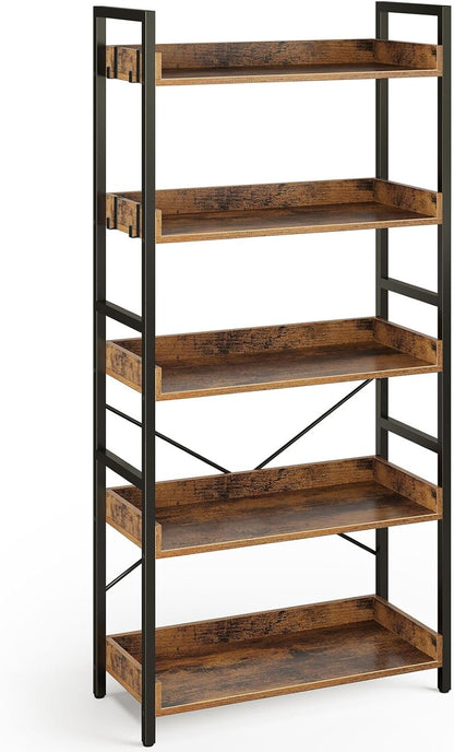Rolanstar Bookshelf, 5 Tier Bookcase, Industrial Storage Rack with Metal Frame, Free Standing Utility Organizer Shelf Unit for Open Storage, Display and Book Organization in Living Room, Rustic Brown