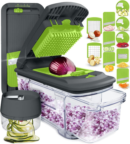 FULLSTAR All-in-1 Vegetable Chopper Gray and Green, Mandoline Slicer & Cheese Grater - Multi Blade French Fry Cutter & Veggie Dicer, Includes Handheld Spiralizer - Kitchen Gadgets