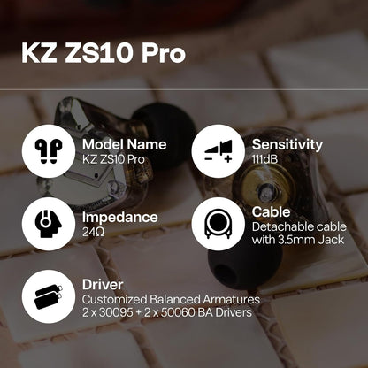 Linsoul KZ ZS10 Pro, 4BA+1DD 5 Driver in Ear Monitor, HiFi Wired Earbuds, Gaming Earbuds, Hybrid IEM Earphones with Stainless Steel Faceplate, Recessed 2 Pin Detachable Cable (Without Mic, Black)