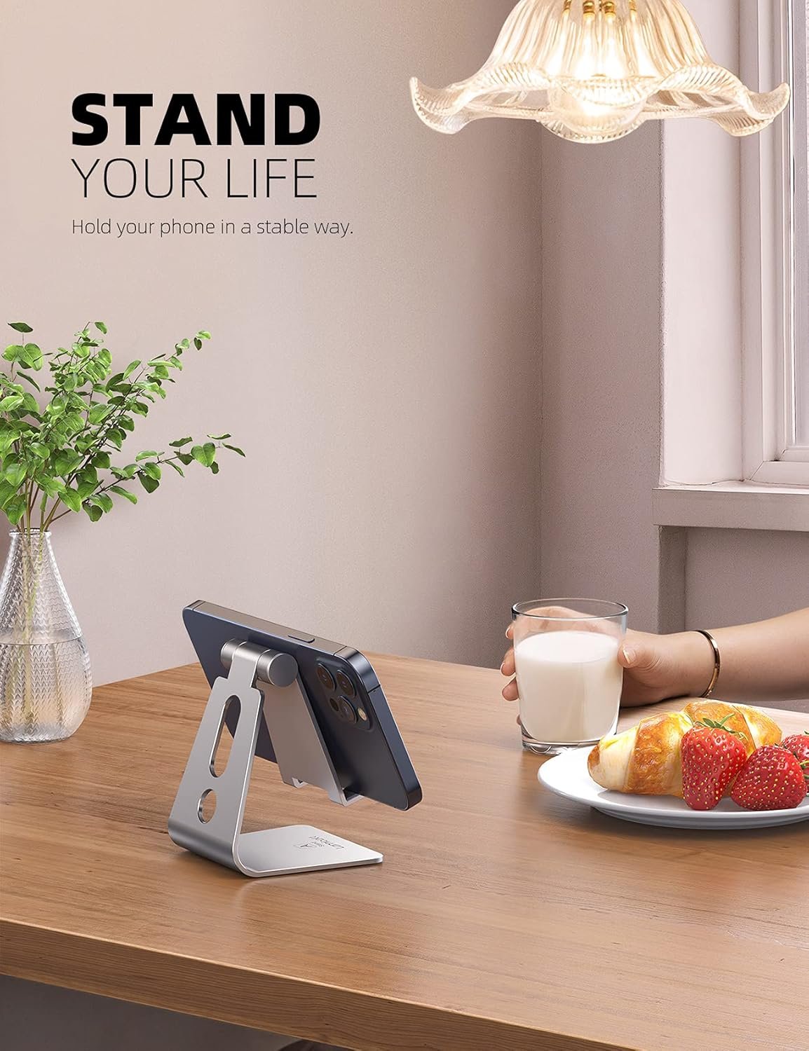 Lamicall Adjustable Cell Phone Stand - Aluminum Desktop Phone Holder, Anti-Slip Mobile Phone Base Desk Table, Compatible with iPhone, Samsung Galaxy Note, Office Accessories, 4-8" Smartphone - Sliver