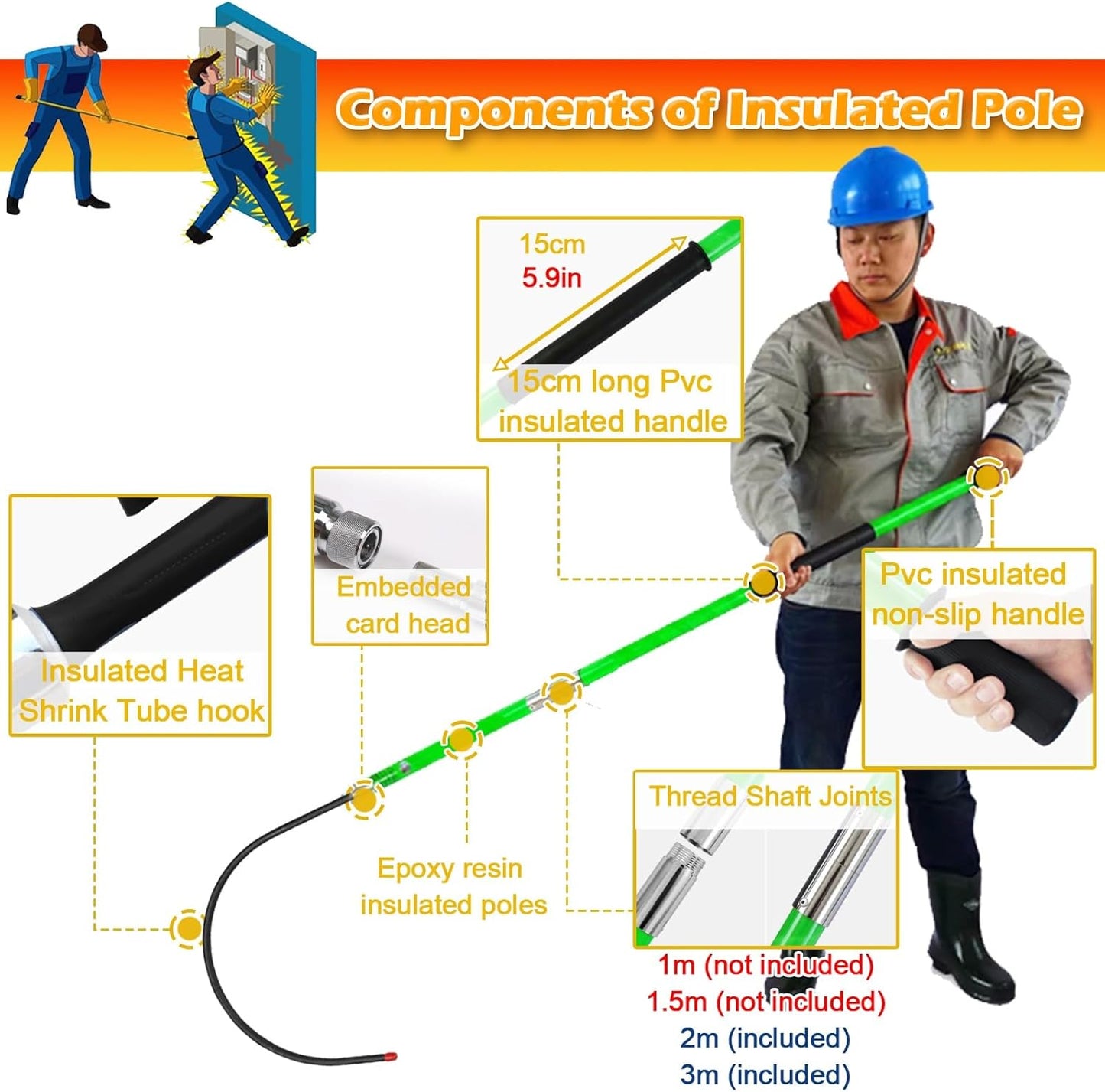 Generisch Gancio di riserva isolato ad alta voltaggio – Non Conductive Electrical Safety Lifesaving Pole, Isolated Rescue Bar for Body Pulling and Emergency Response, Commercial Use Safety Tool