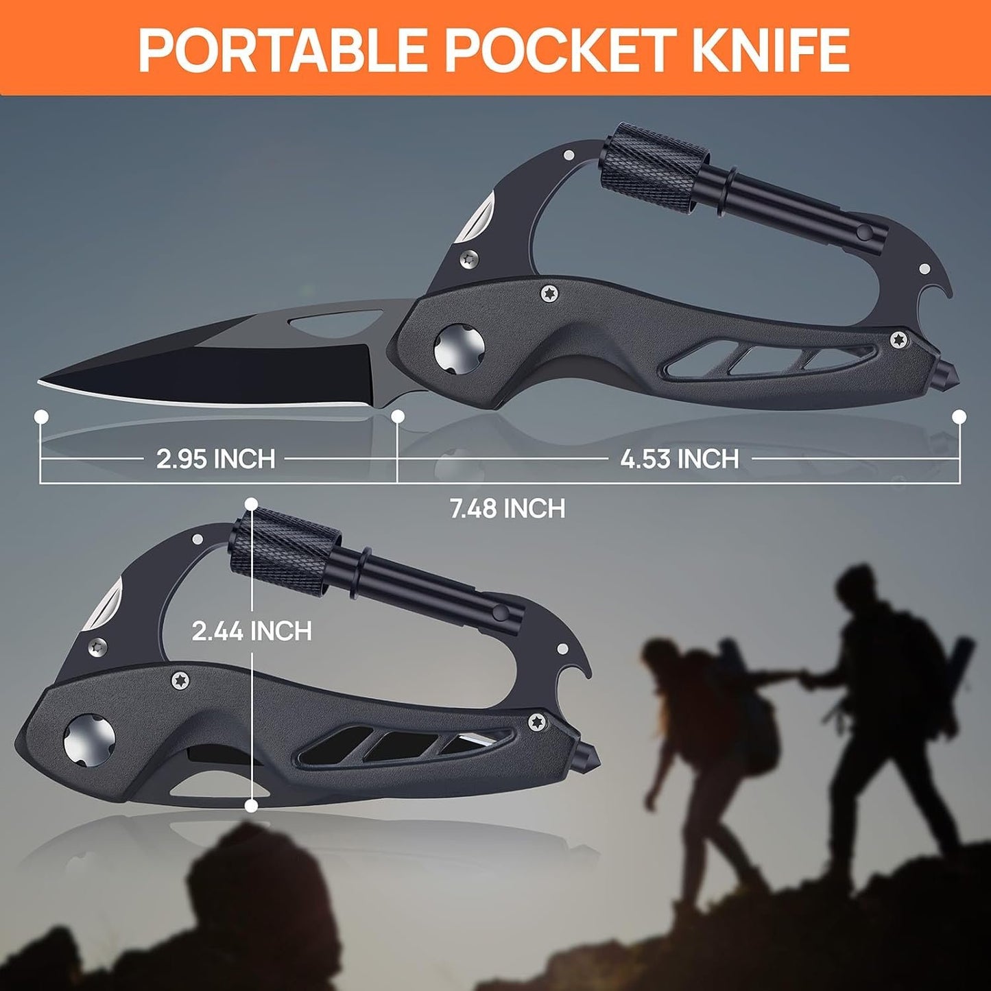 Multitool Carabiner with Pocket Knife, Gift for Men Him Dad Husband, 6-in-1 Multitool with EDC Carabiner,Bottle Opener,Window Breaker & Screwdriver,Cool Gadgets for Outdoor,Gardening (Black)