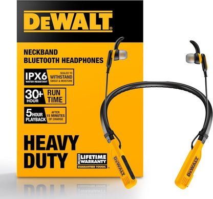 DEWALT Wireless Bluetooth Neckband Headphones — Neckband Earphones with 30H Runtime — Secure Magnetic Earbuds — Noise-Isolating Wireless Earbuds — Jobsite Pro Built-in Mic for Crystal-Clear Calls