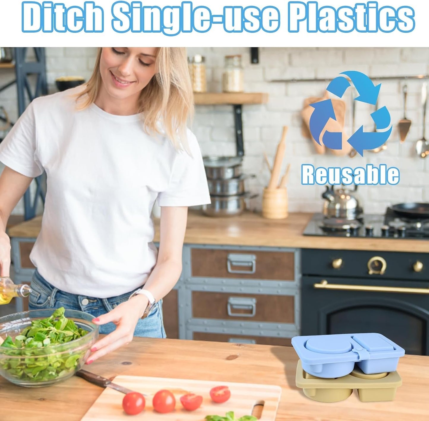 Fidqiog Reusable Silicone Snack Containers with Lids 2-Pack, Double Compartment Leak-Proof Food Storage for Snacks, Sauces, Condiments