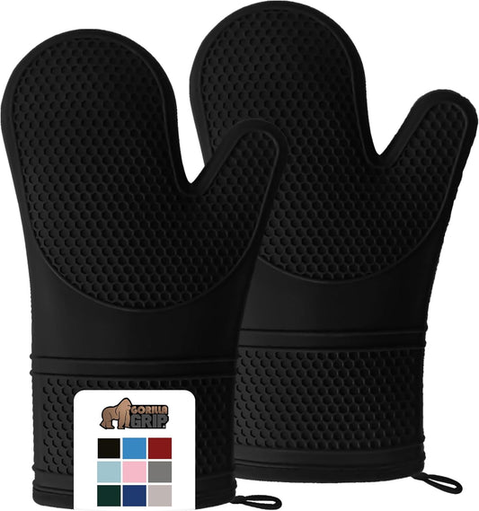 GORILLA GRIP Heat Resistant Durable Silicone Oven Mitts, BPA-Free Protective Grilling Potholders, Soft Cotton Lining, Flexible Waterproof Cooking Mitt Set, Kitchen Home Essentials, 12.5x8.3, Black