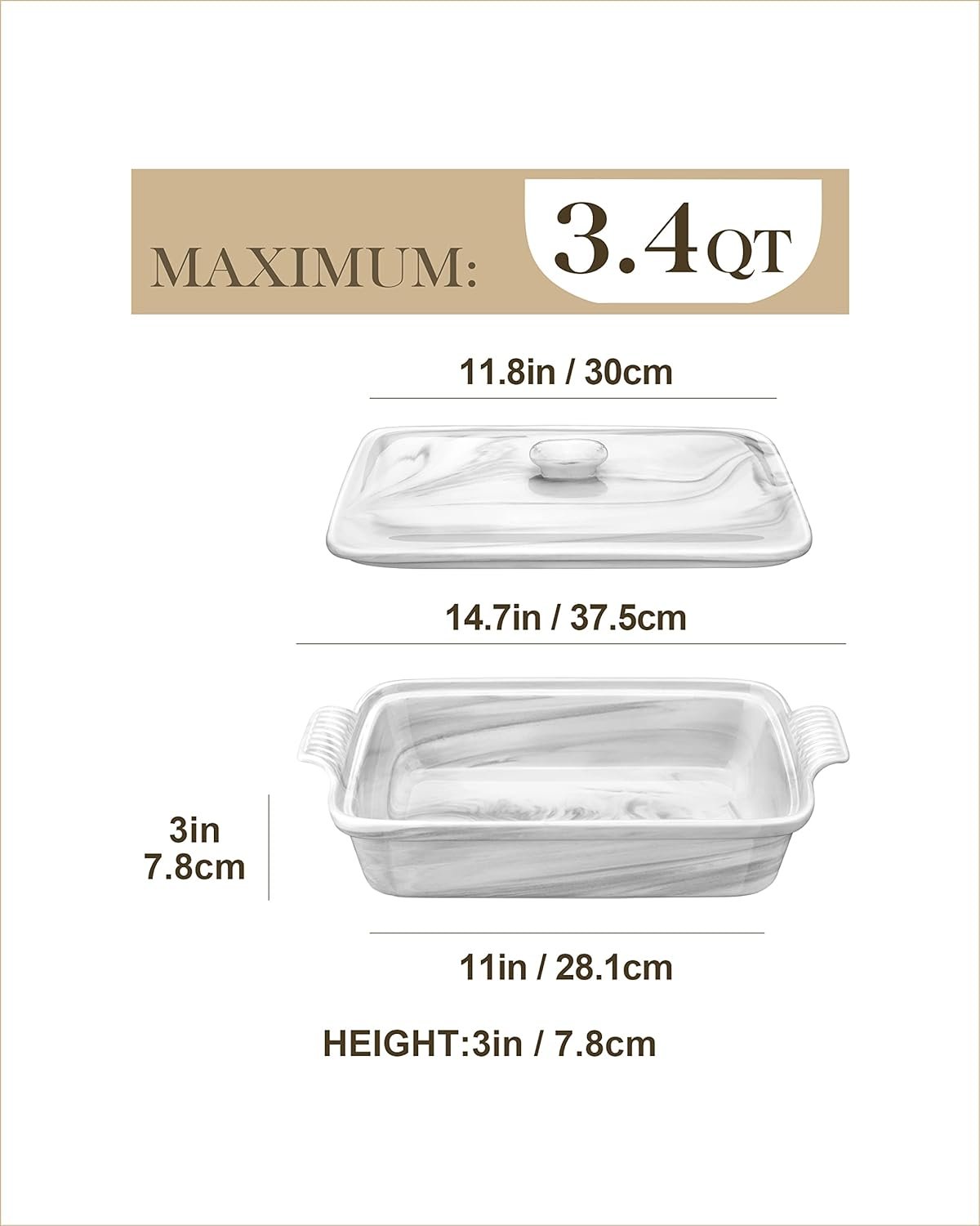 MALACASA Casserole Dish With Lid, 3.4 Quart Baking Dish With Lid, Deep Lasagna Pan Ceramic Bakeware Covered Casserole Dish Set, Microwave, Oven, Dishwasher Safe, 12 x 8.9 x 3 inch, Series BAKE-GREY