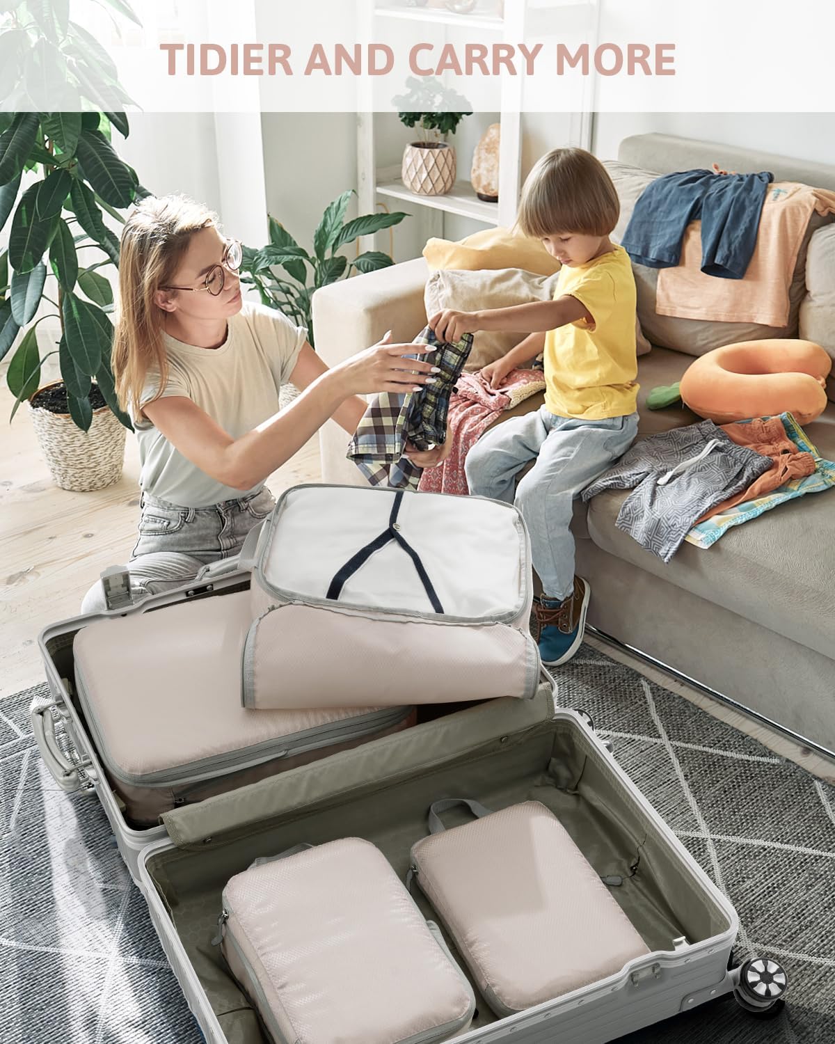 Meowoo 4-Piece Packing Cubes Compression Organiser - XL, L, 2×M - Space-Saving Travel Organizer for Suitcases - Travel Useful Accessories - Ideal for Holidays and Narrow Spaces - Beige