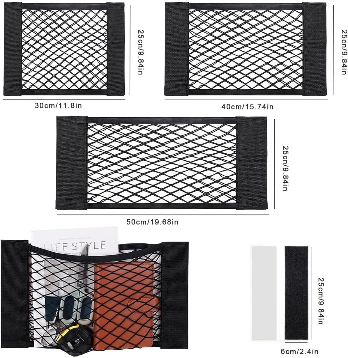 4-Pack Car Mesh Cargo Net | Universal Storage Organizer (25-50cm) | Adhesive Wall Pocket for Car Boot, RV, Home | Elastic Trunk Storage Solution with 8 Tape Stickers
