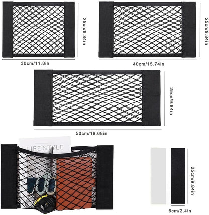 4-Pack Car Mesh Cargo Net | Universal Storage Organizer (25-50cm) | Adhesive Wall Pocket for Car Boot, RV, Home | Elastic Trunk Storage Solution with 8 Tape Stickers