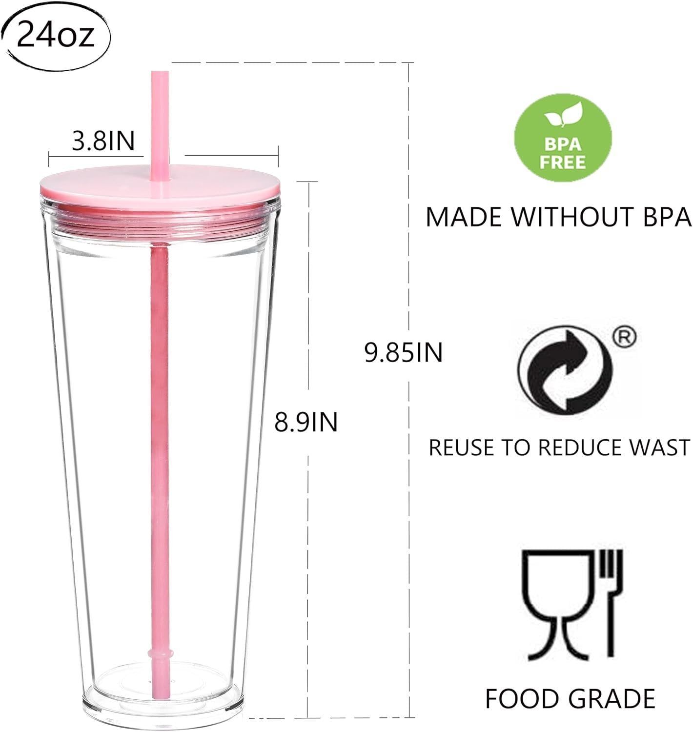 Alohastarttg 24oz Tumbler with Lid and Straw, Leak Proof and Double Wall Insulated Reusable Plastic Cups,Travel Reusable Iced Coffee Cup,BPA-Free,Fits in Cupholders (2, Pink)