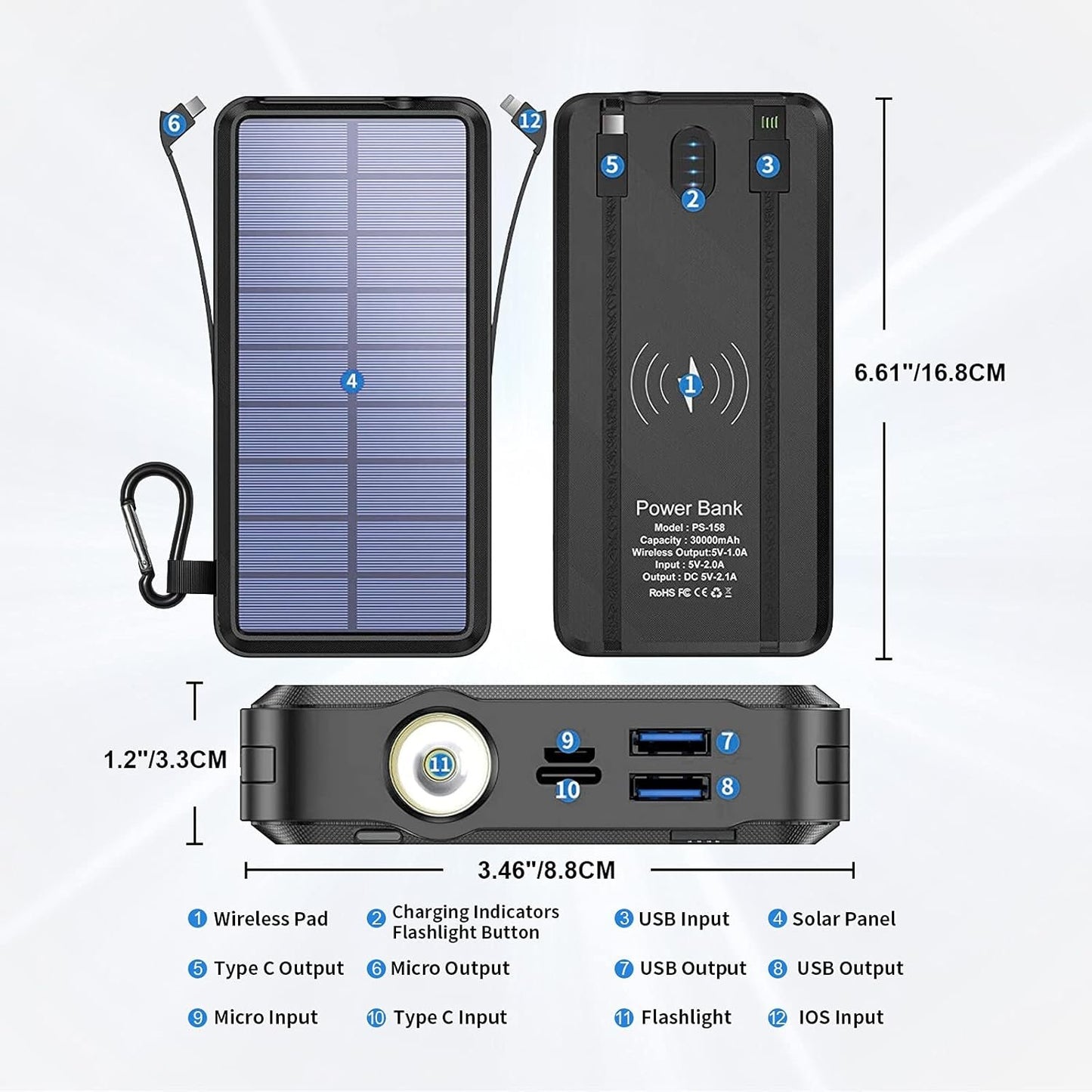 Solar Portable Power Bank Charge 6 phones at the Same Time 30000mAh Solar Charger With 4 wires and Wireless Charging Function LED Camping Lights External Battery Pack Outdoor Camping Equipment (Black)