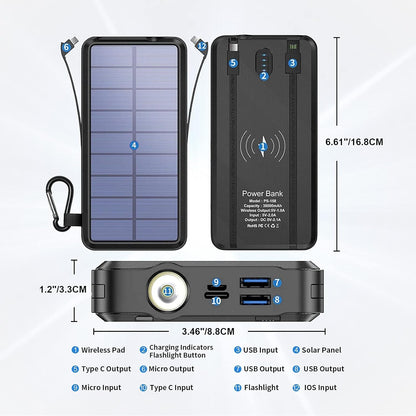 Solar Portable Power Bank Charge 6 phones at the Same Time 30000mAh Solar Charger With 4 wires and Wireless Charging Function LED Camping Lights External Battery Pack Outdoor Camping Equipment (Black)