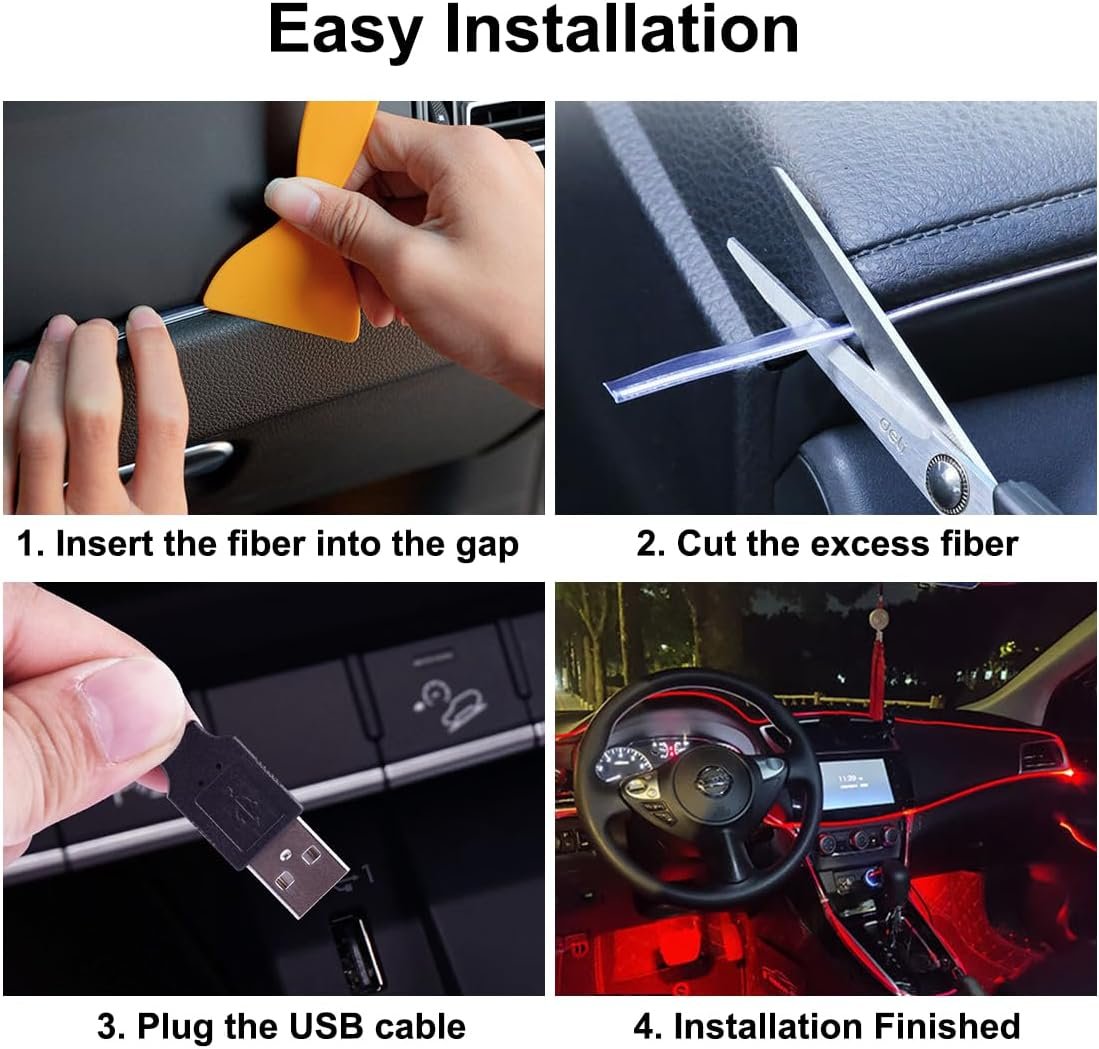 EL Wire Interior Car LED Strip Lights, LEDCARE USB Neon Glowing Strobing Electroluminescent Wire Lights with 6mm Sewing Edge, Ambient Lighting Kits for Car, Garden, Decorations (5M/15FT, Red)