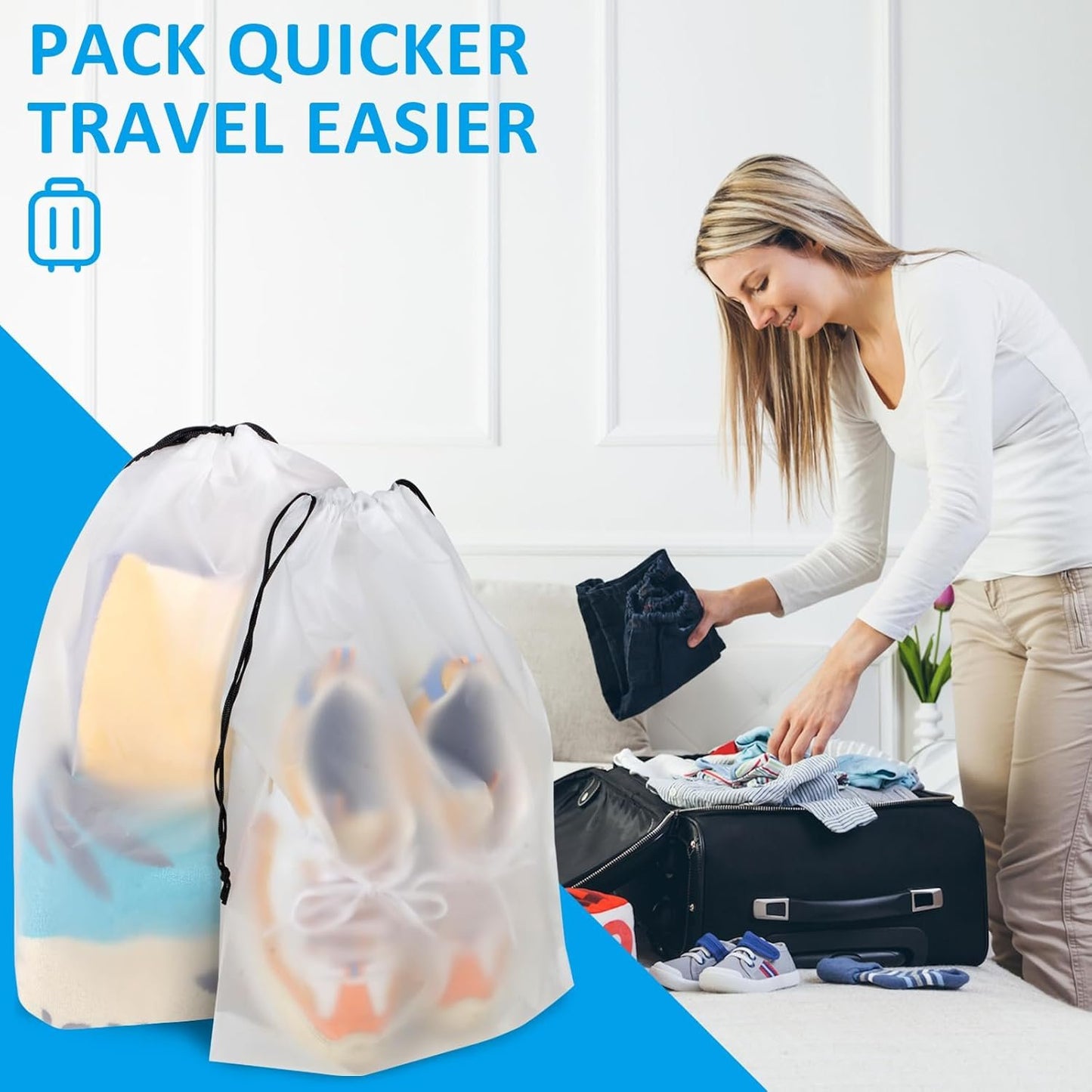 Shoe Bags for Travel, Drawstring Travel Shoe Bags for Packing, Dustproof Portable Travel Shoe Storage Bag for Men and Women, Clear, Large, 5 Pack