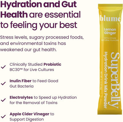 Blume SuperBelly Gut Health Hydration Packets, Made in Canada, Sugar-Free, with Prebiotics, Probiotics, Apple Cider Vinegar, and Electrolytes, Lemon Ginger, 15 Sticks