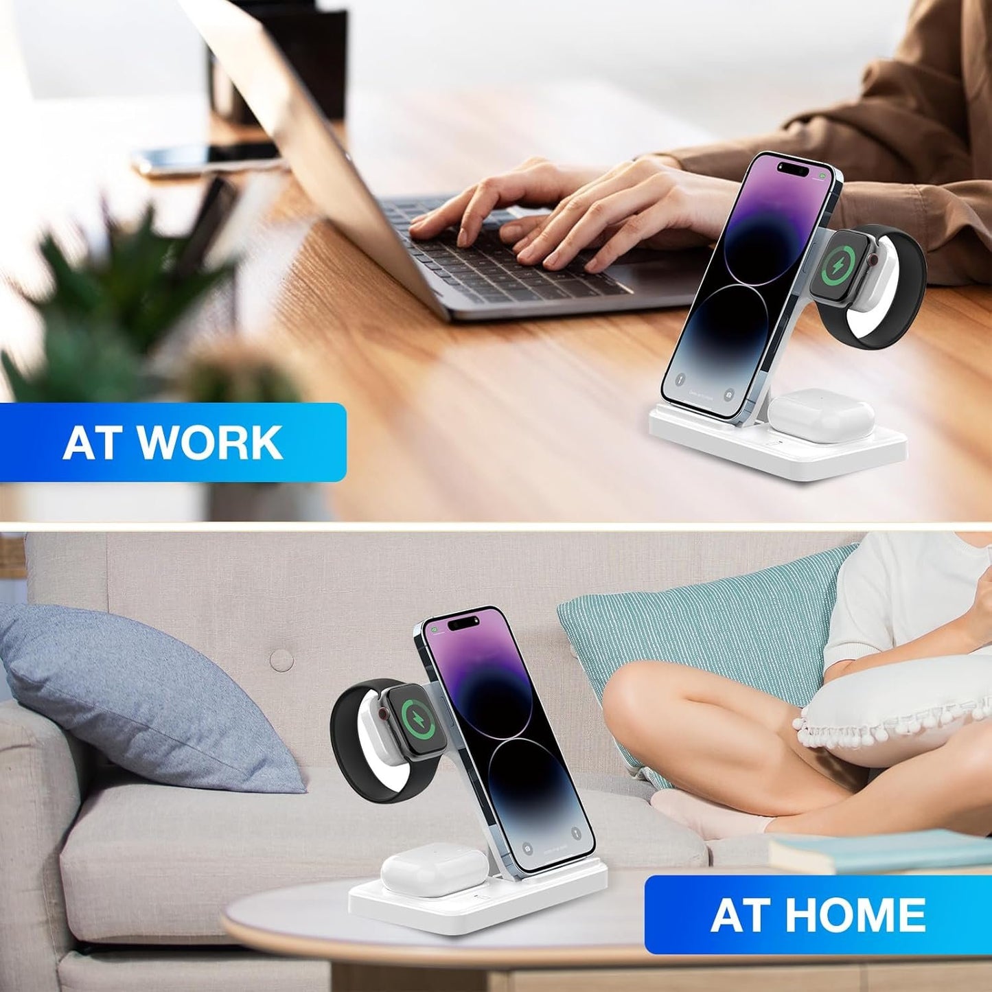 3 in 1 Wireless Charger Station Compatible with Apple Phones, iWatch, Airpods, 15W Portable Wireless Charger Stand with Adapter, White