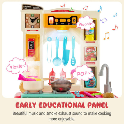 HONEY JOY Kids Play Kitchen, 65PCS Pretend Kitchen Play Toy Accessories Set w/Play Sink, Realistic Lights Sounds, Steam Simulation, Cooking Play Kitchen Playset w/Water Circulation for Children (Pink)