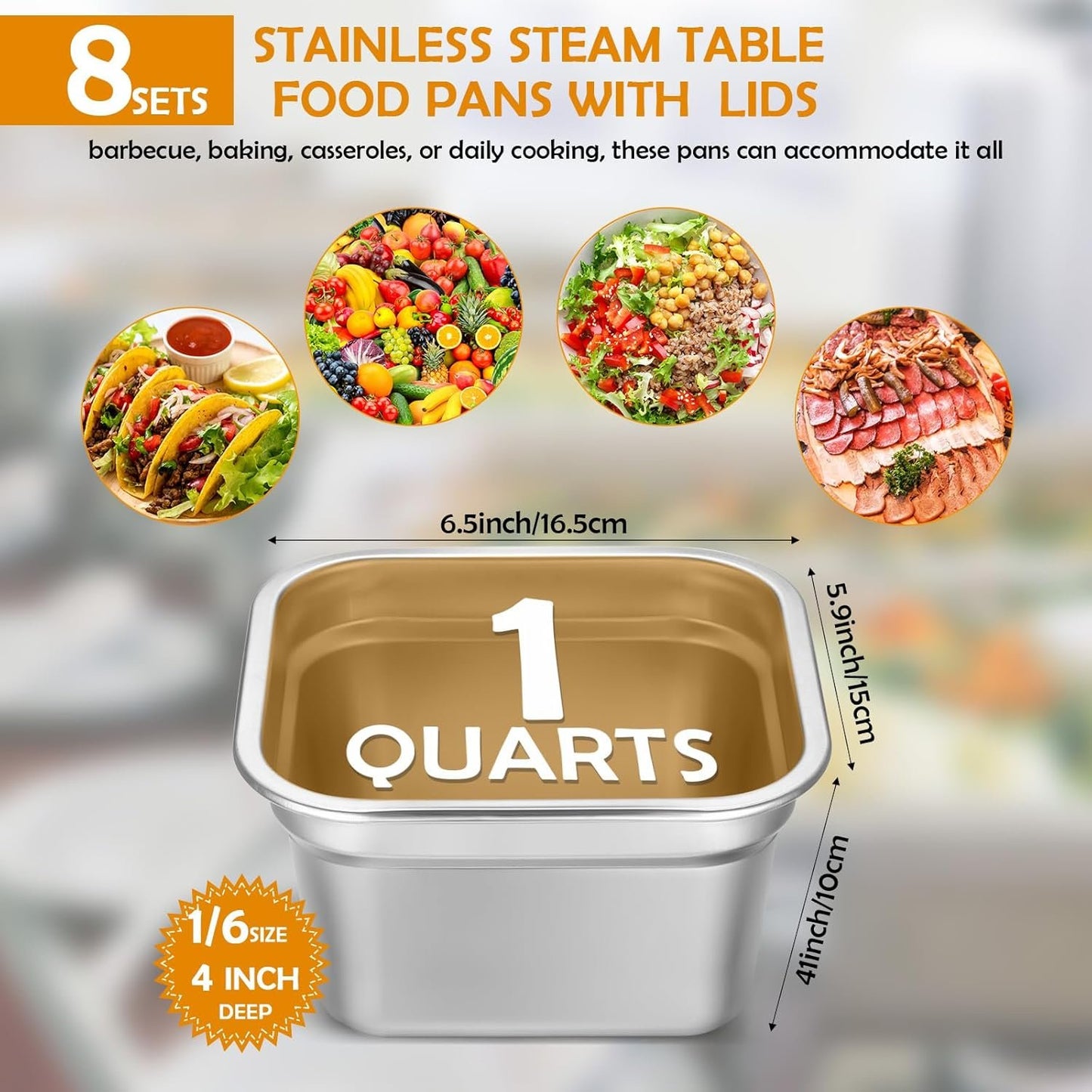 8 Pcs 1/6 Size Hotel Steam Table Pans with Lids, Stainless Steel Food Containers and PP Plastic Covers, Anti-clogging Steamer Pans for Buffet, Catering, Restaurant, and Food Prep(4" Deep)