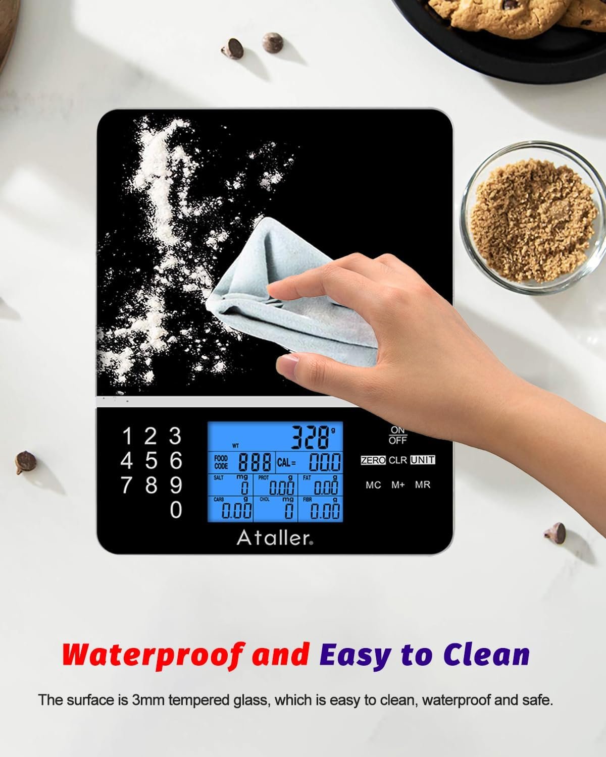 Ataller Food Scale with Nutritional Calculator, Kitchen Diet Scale, Digital Food Calorie Counting Scale for Meal Prep, Kitchen, Baking, Weight Loss, Resolution 1g, Max 5kg 11Ib, Tempered Glass, Black