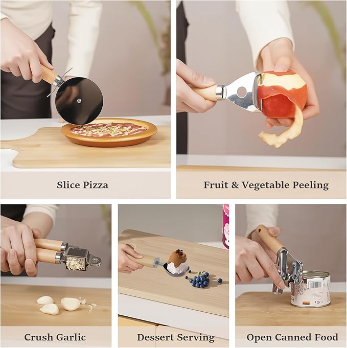 Stainless Steel Kitchen Gadget with Wood Organizer - Can Opener, Vegetable Peeler, Ice Cream Scoop, Pizza Cutter, Garlic Press - Kitchen Tools and Gadgets 2025 Cooking Kitchen Essentials