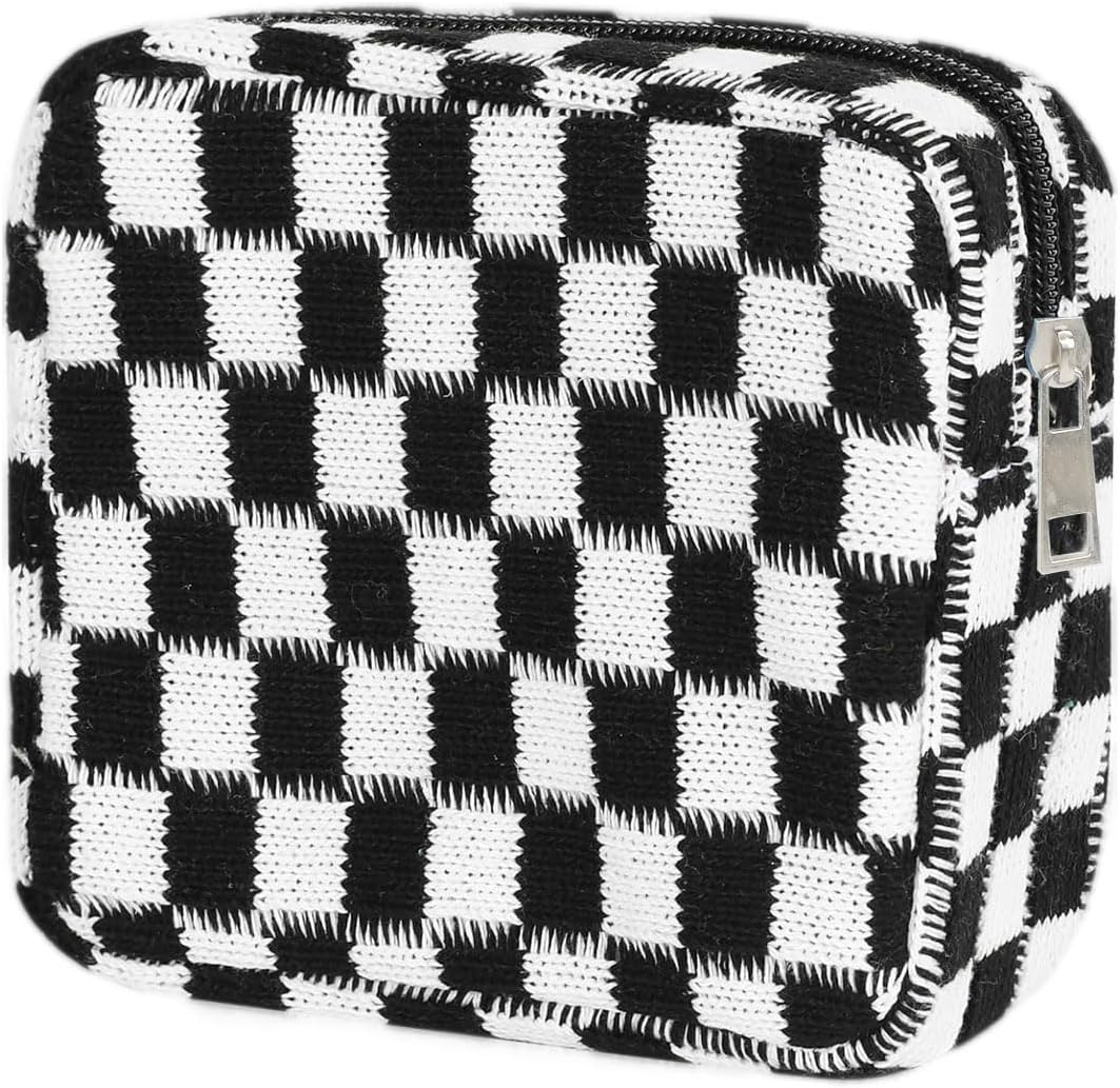 KOTORA 3pcs Checkered Mini Makeup Bag Pocket Cosmetic Bag Portable Aesthetic Preppy Makeup Bag for Women Mini Travel Makeup Organizer Storage Car Accessories (Black Green Brown)