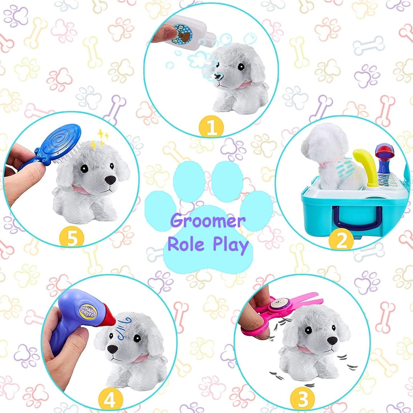 TEUVO Pet Care Play Set Pretend Play Vet Kit for Kids, 16Pcs Doctor Pretend Play Vet Dog Grooming Toys Puppy Dog Carrier Feeding Dog Educational Backpack Gifts for Girls Boys 3-7 Years Old