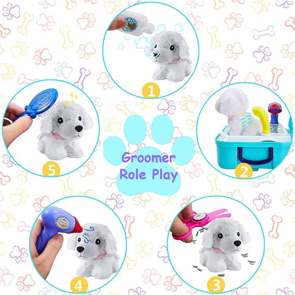TEUVO Pet Care Play Set Pretend Play Vet Kit for Kids, 16Pcs Doctor Pretend Play Vet Dog Grooming Toys Puppy Dog Carrier Feeding Dog Educational Backpack Gifts for Girls Boys 3-7 Years Old