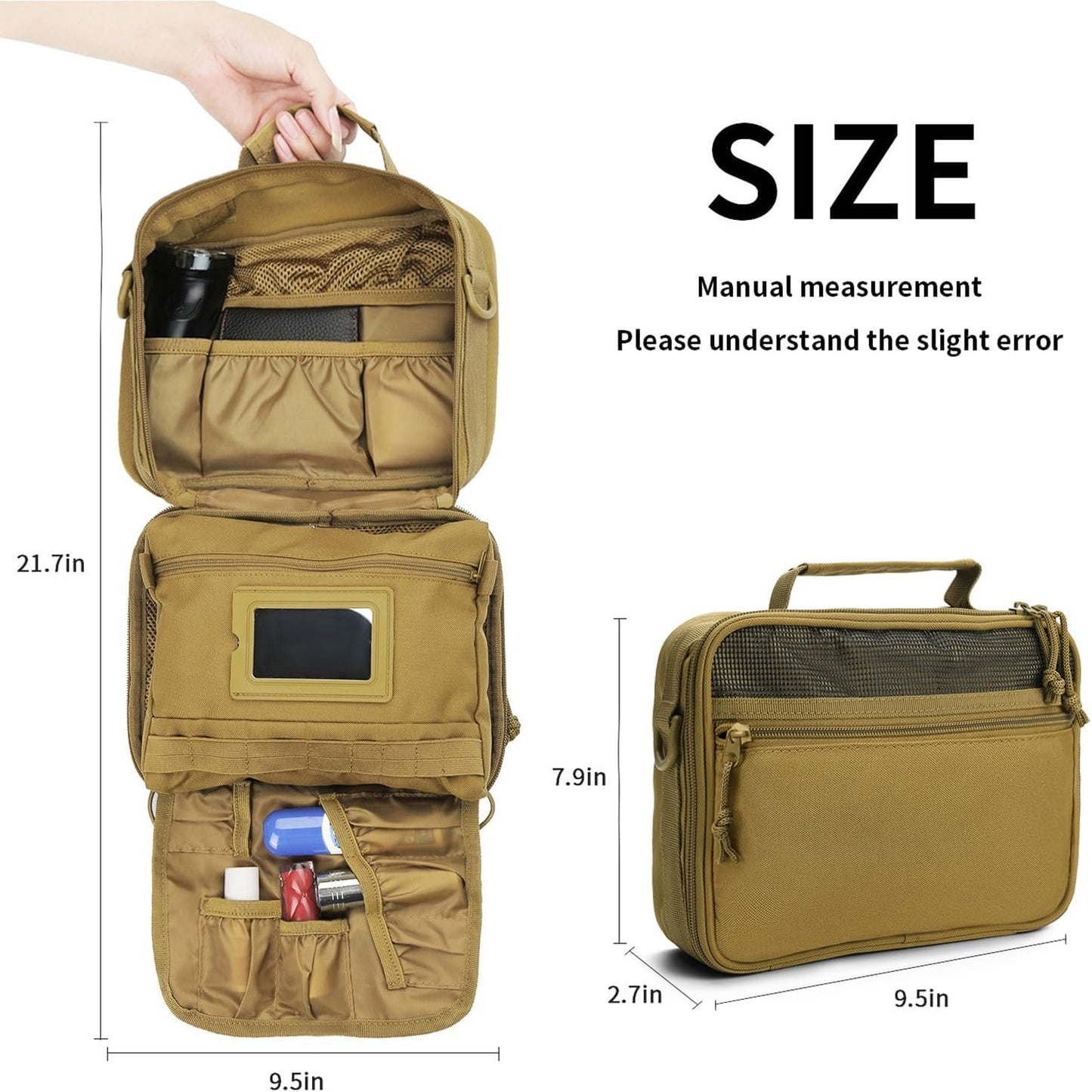 SMONT Tactical Toiletry Bag for Men, 9.5" Hanging Dopp Kit Shaving Hygiene Bag for Traveling Bathroom, Khaki, Travel