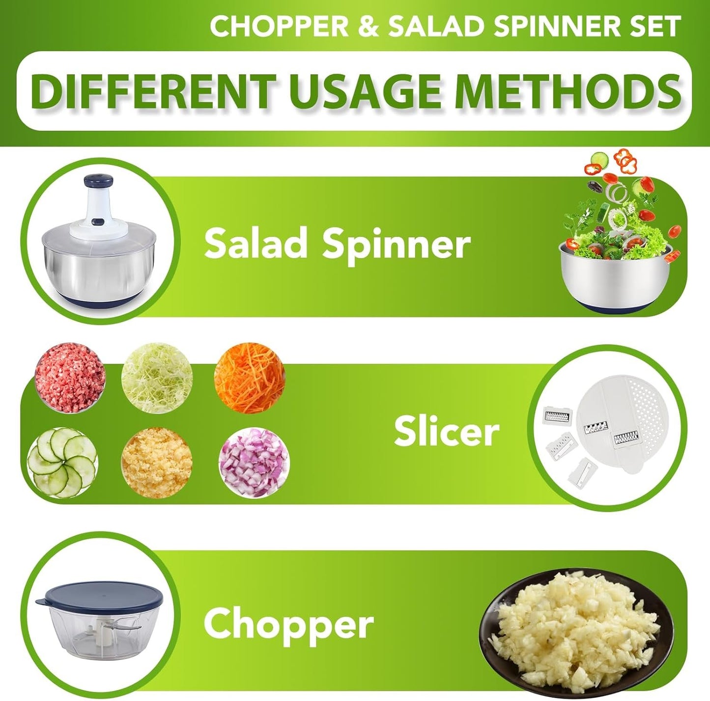 Rorence 3 in 1 Stainless Steel Pump Salad Spinner Food Chopper Set: Large Collapsible Lettuce Spinner, Chopper for Vegetable Slicer and Dicer, 5 QT Mixing Bowl with 5 Graters