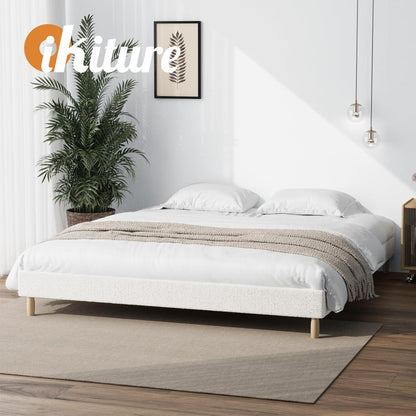 OIKITURE Bed Frame with Wooden Slats, Metal Bed Frame with Boucle Fabric Covers, Platform Bed Base King Size for Bedroom Home Decor, King Bed Frame Home Furniture