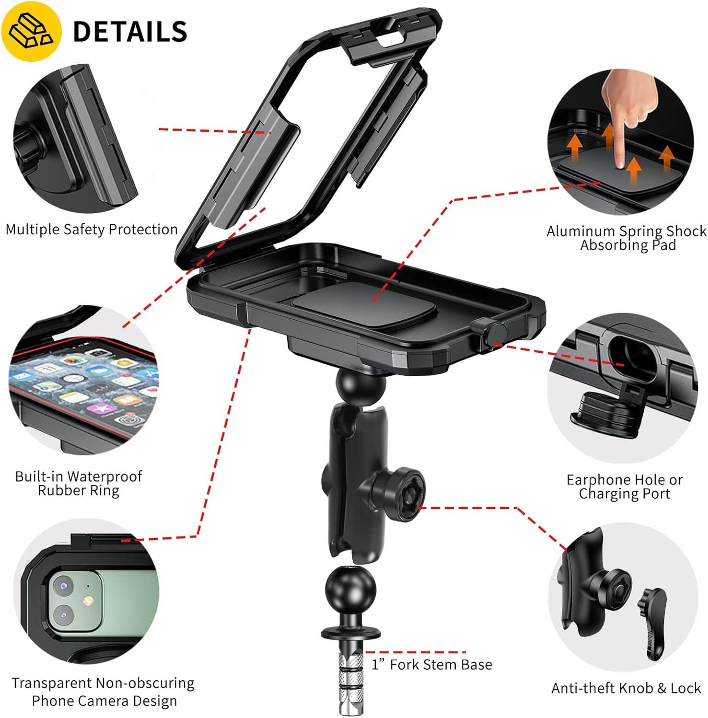 iMESTOU Waterproof Phone Holder for Motorcycle Fork Stems Anti-Theft Double Arm Socket B Aluminum Ball Base 720° Rotation for 3.5"-6.1" Smartphone (S)