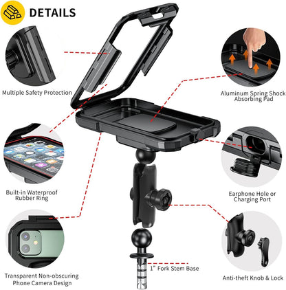 iMESTOU Waterproof Phone Holder for Motorcycle Fork Stems Anti-Theft Double Arm Socket B Aluminum Ball Base 720° Rotation for 3.5"-6.1" Smartphone (S)